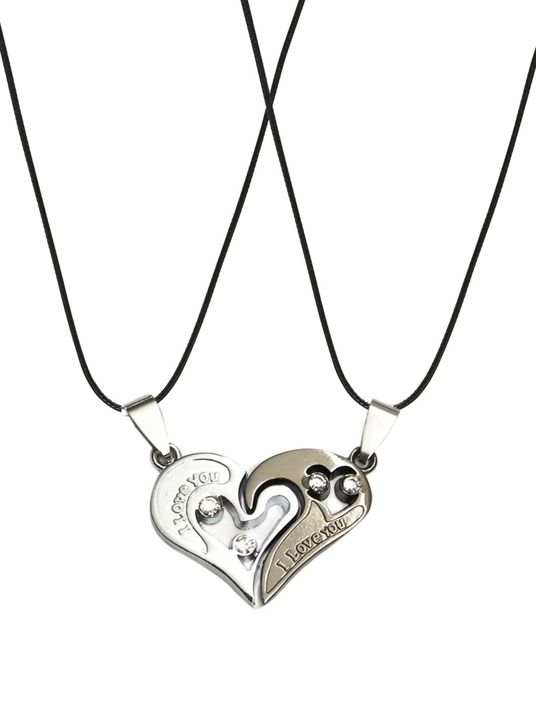 

OOMPH Set Of 2 Silver-Toned & Black Stone-Studded Handcrafted Couple Pendants