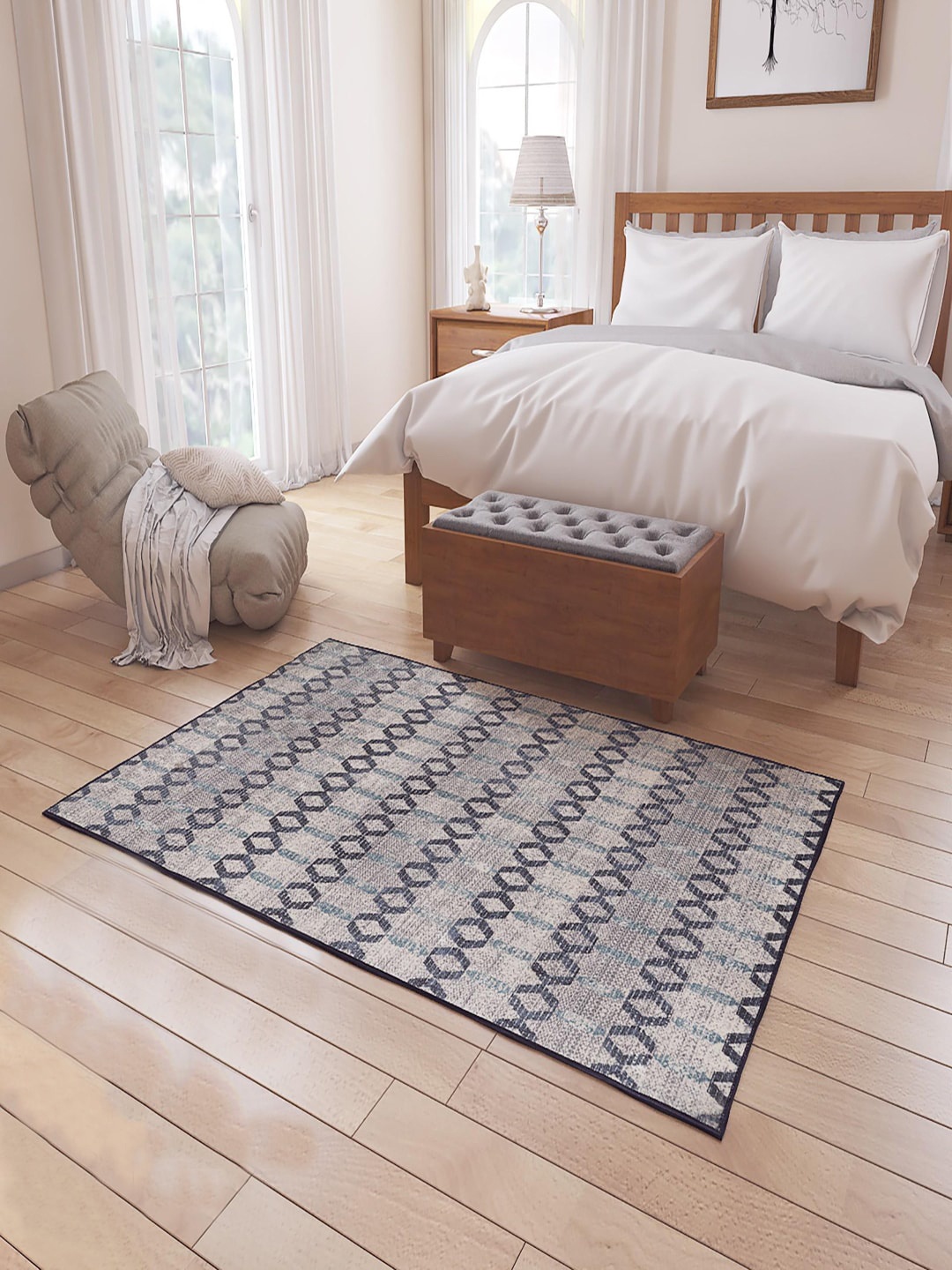 Status Beige & Teal Blue Geometric Motif Anti-Skid Carpet
