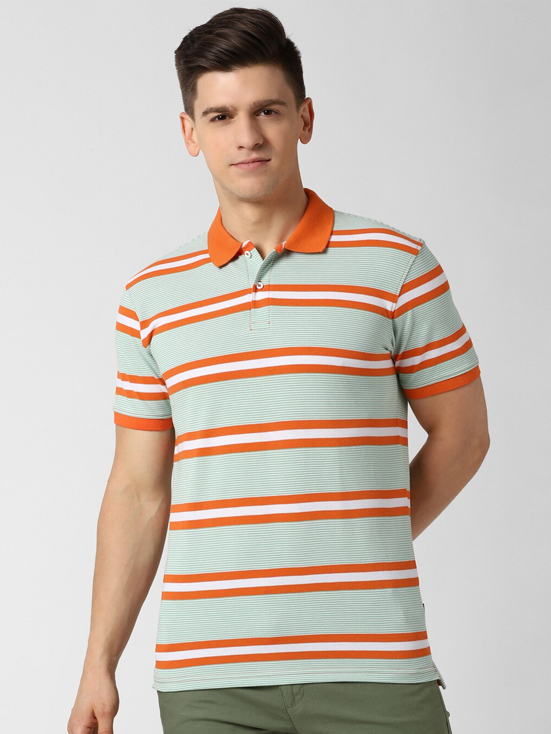 

Peter England Casuals Men Green Orange Striped Polo Collar Pure Cotton T-shirt