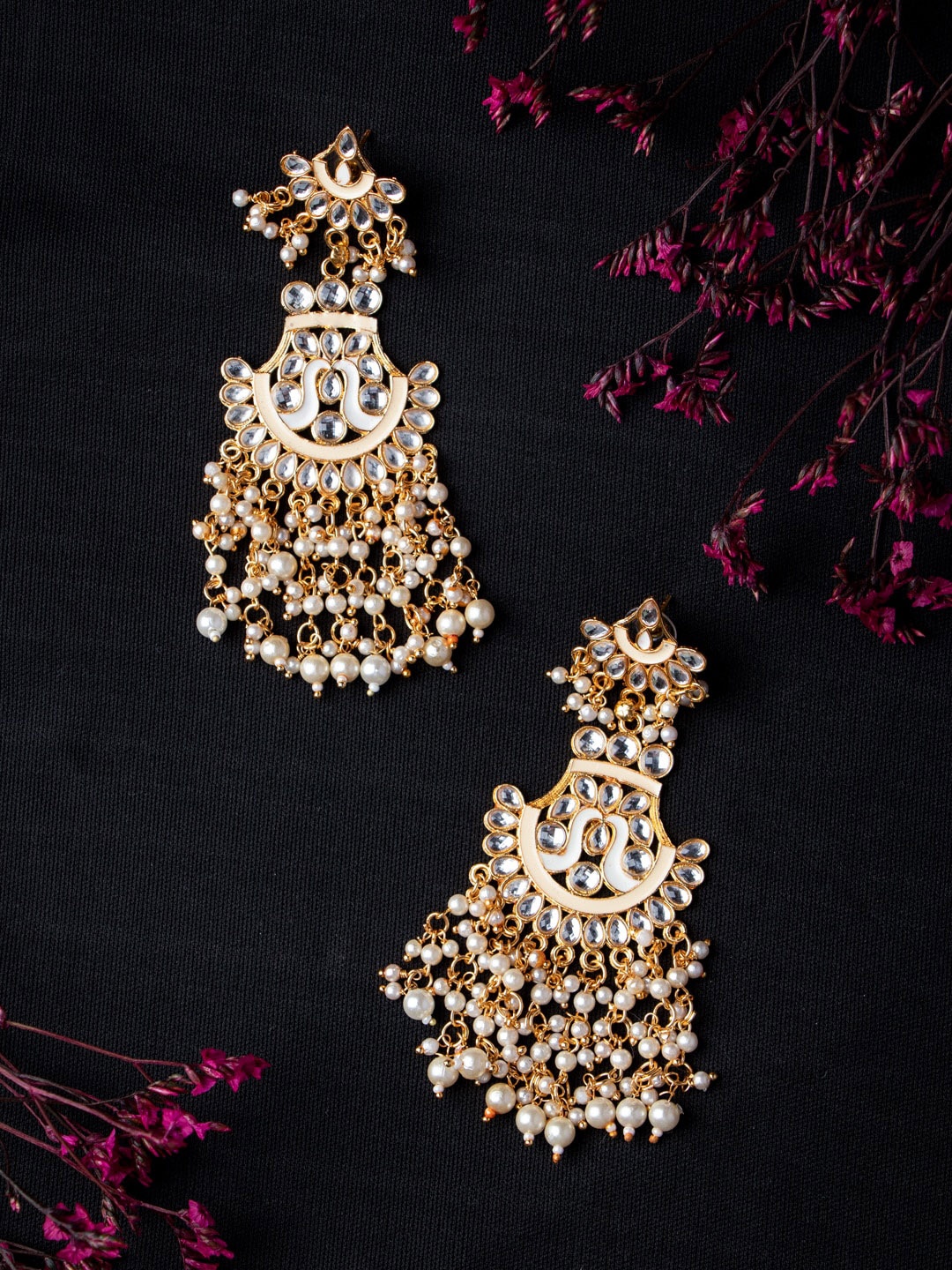 

MORKANTH JEWELLERY Gold-Toned Peach Enamel Kundan Studded & Pearl Beaded Chandbali Earring