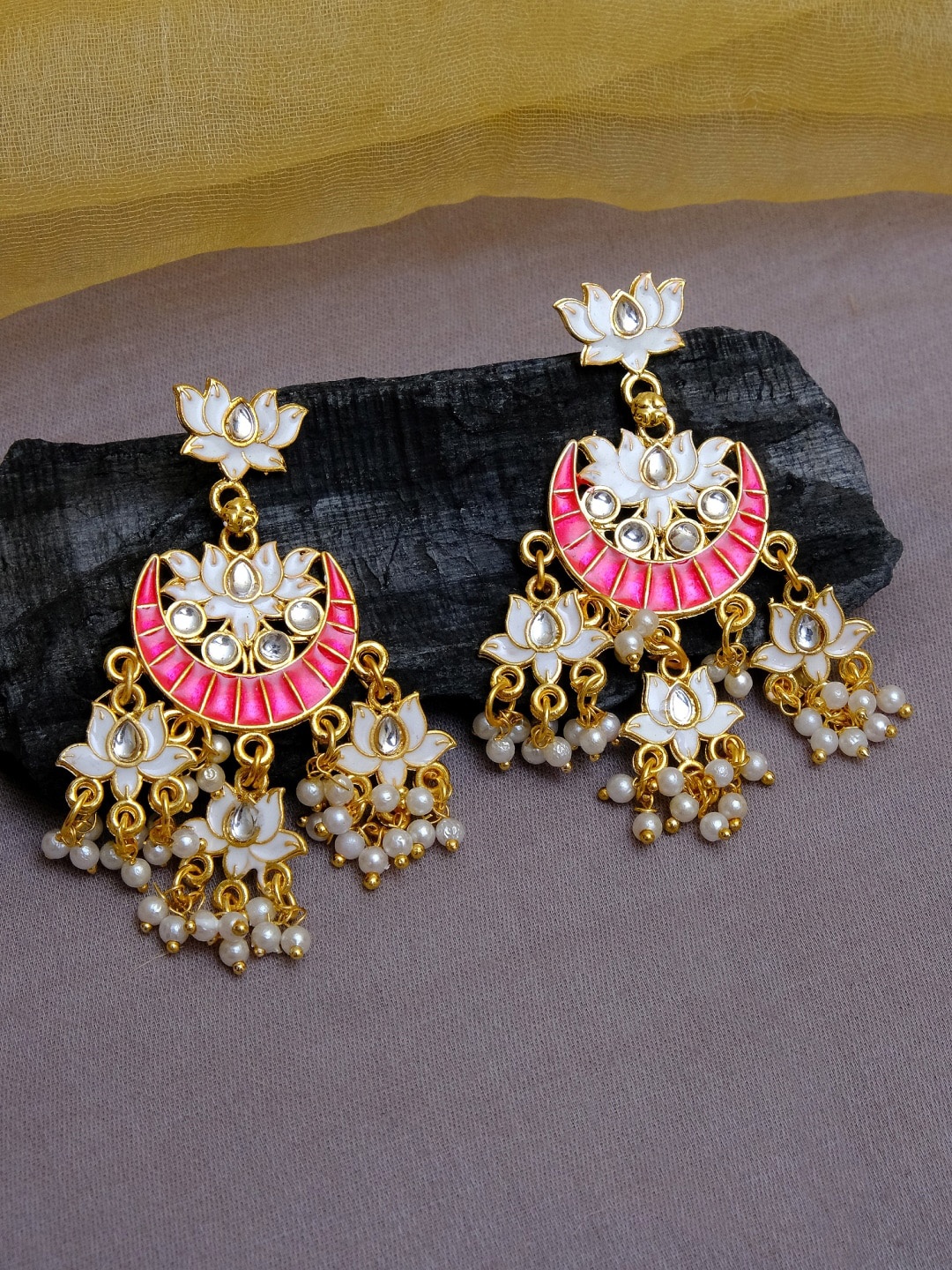 

Crunchy Fashion Gold-Plated White & Pink Enamelled Contemporary Chandbalis Earrings