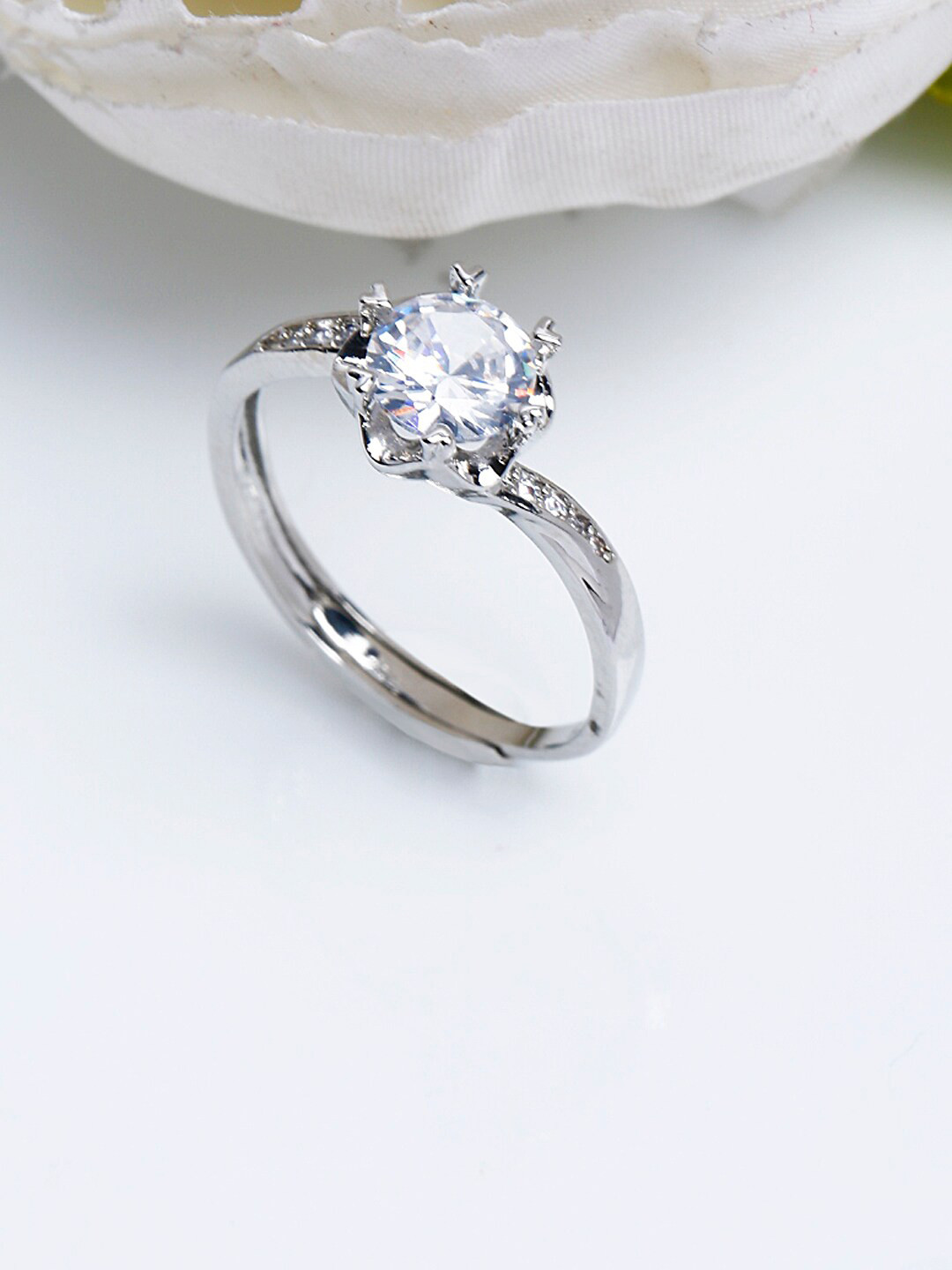 

Shining Diva Fashion Platinum-Plated Silver-Toned White CZ-Studded Adjustable Finger Ring