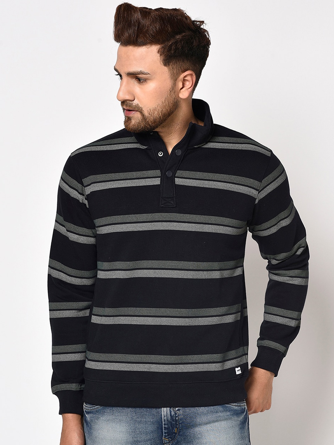Octave Men Navy Blue Striped Sweatshirt