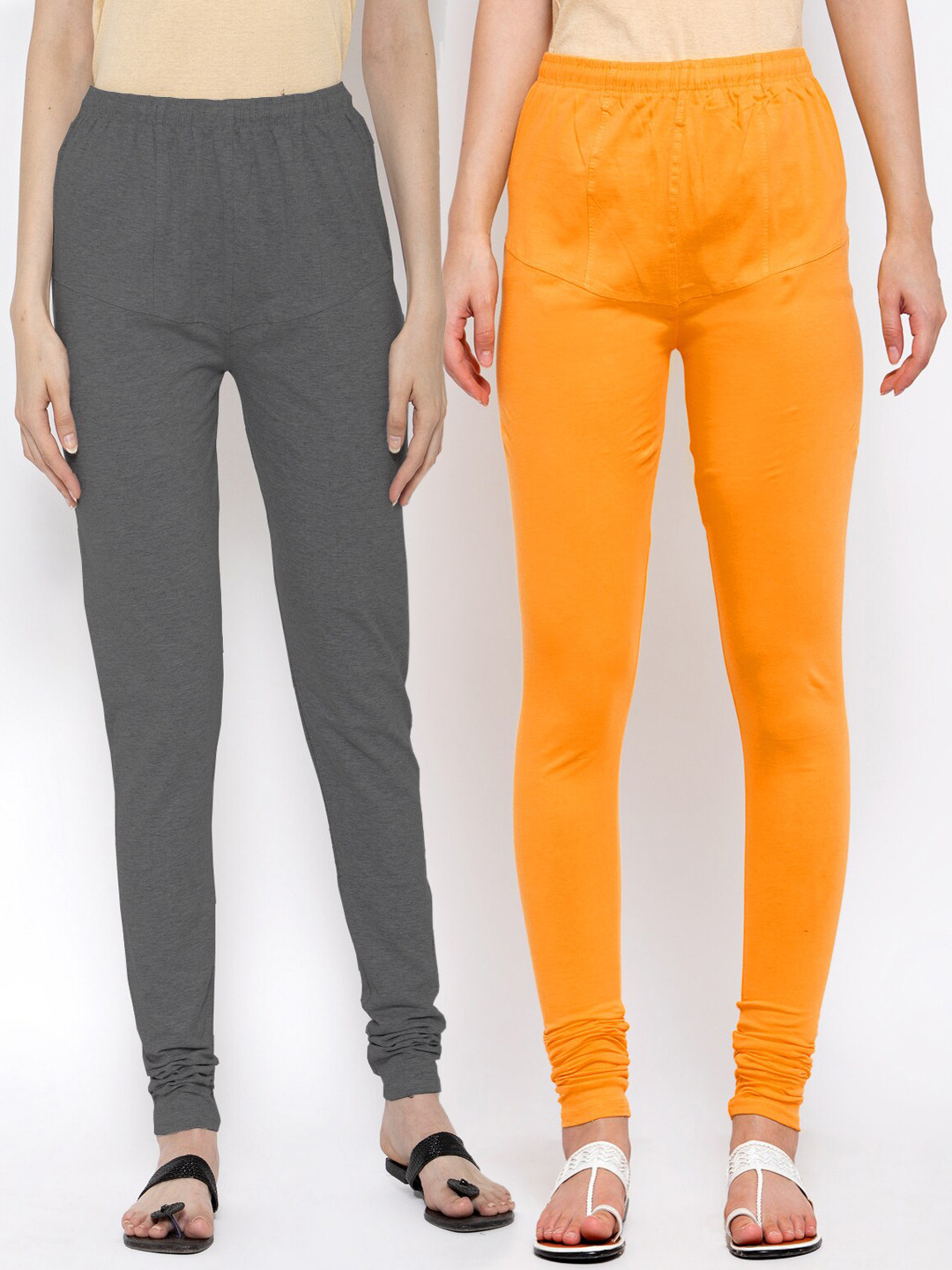 

KLOTTHE Women Pack Of 2 Solid Cotton Churidar-Length Leggings, Orange