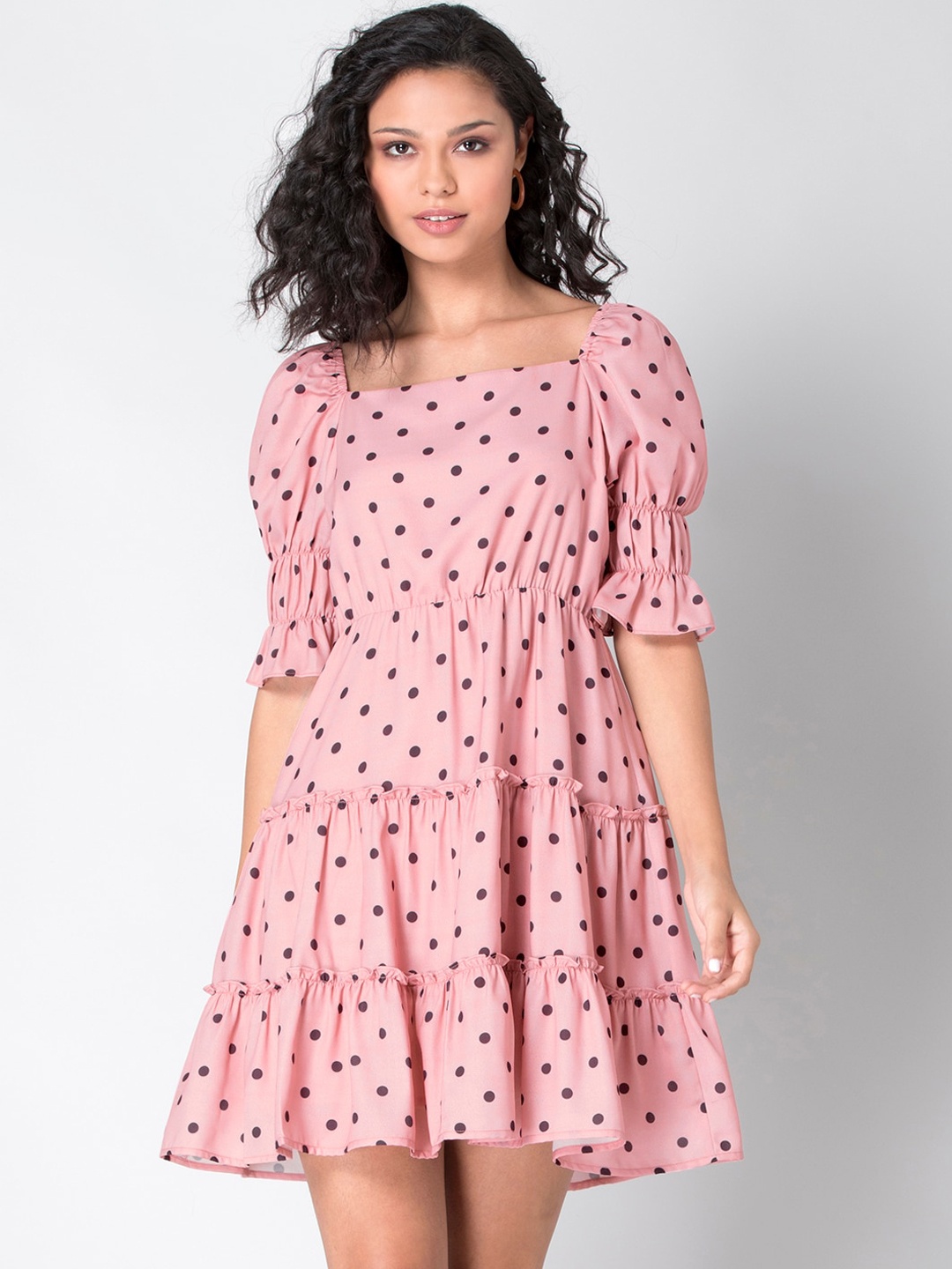

FabAlley Women Pink Polka Puff Sleeves Tiered Dress