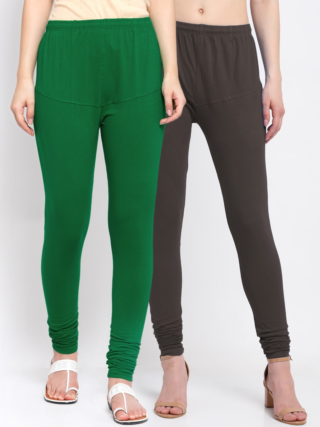 

KLOTTHE Women Pack Of 2 Green & Brown Solid Cotton Churidar-Length Leggings