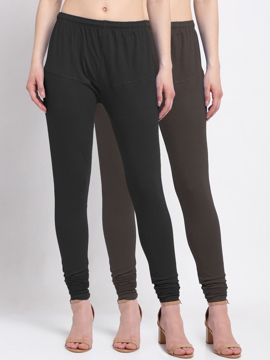 

KLOTTHE Women Pack of 2 Solid Cotton Churidar-Length Leggings, Brown