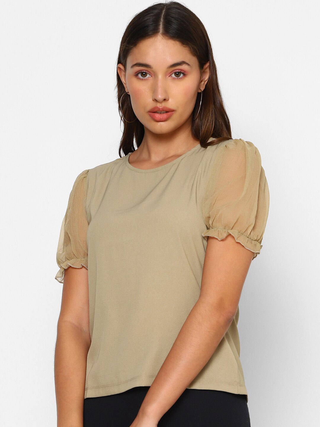 

FOREVER 21 Women Beige Puff Sleeve Regular Top