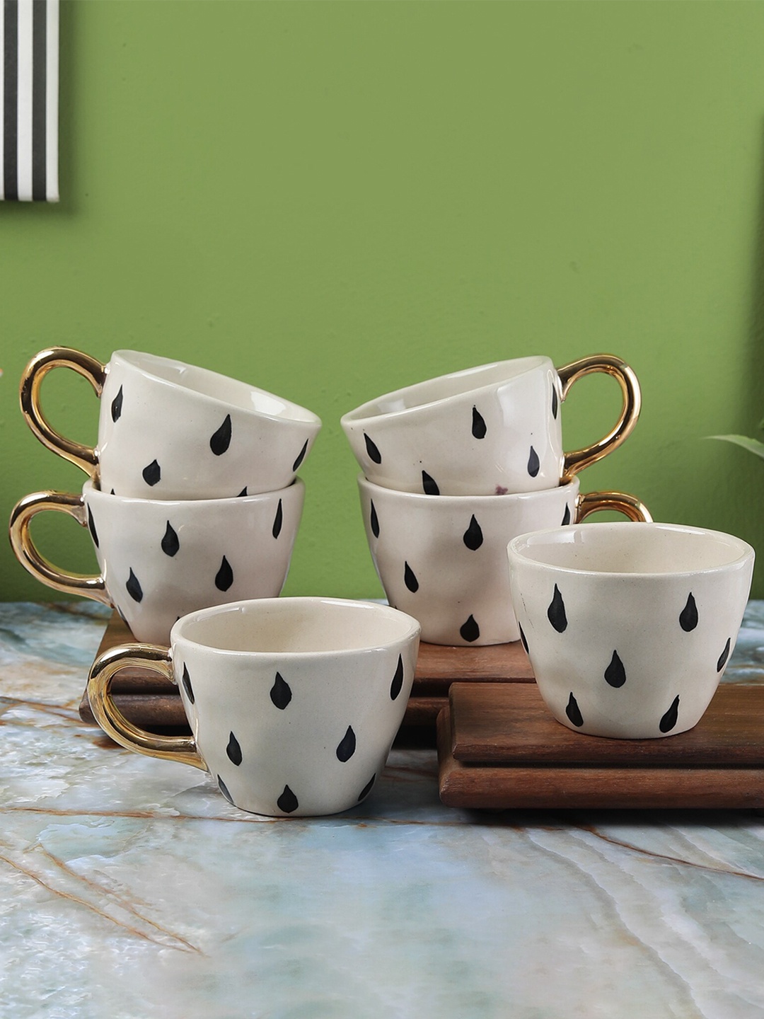 

The Decor Mart Set Of 6 White & Black Printed Ceramic Glossy Cups