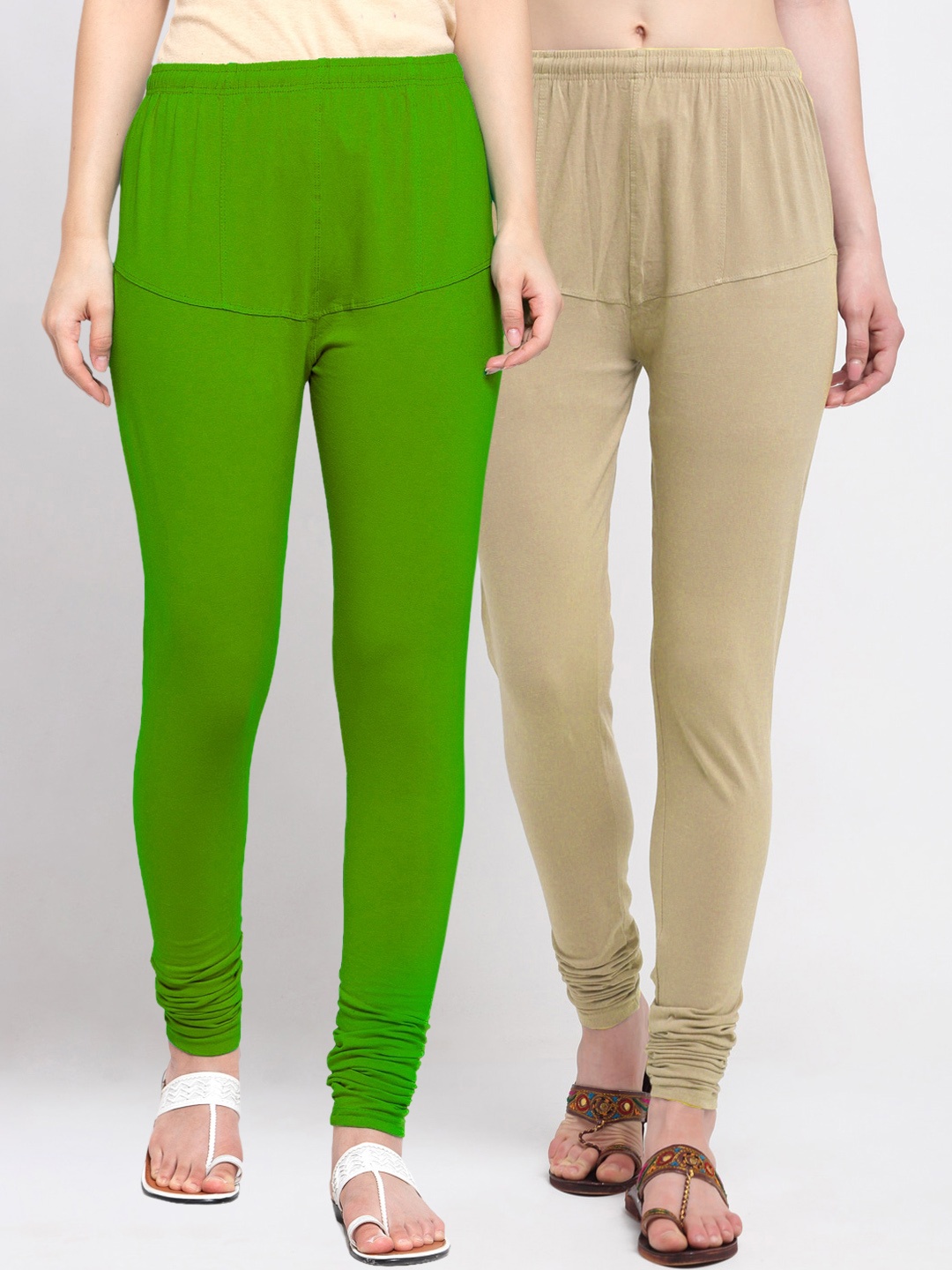 

KLOTTHE Women Pack of 2 Solid Cotton Churidar-Length Leggings, Green