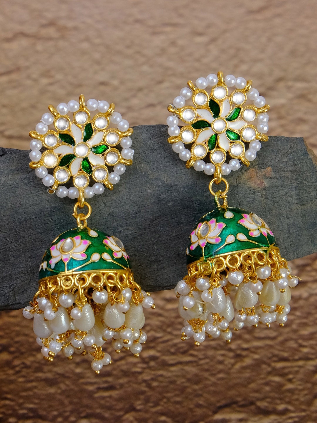 

Crunchy Fashion Gold-Toned & Green Enamelled Contemporary Jhumkas Earrings