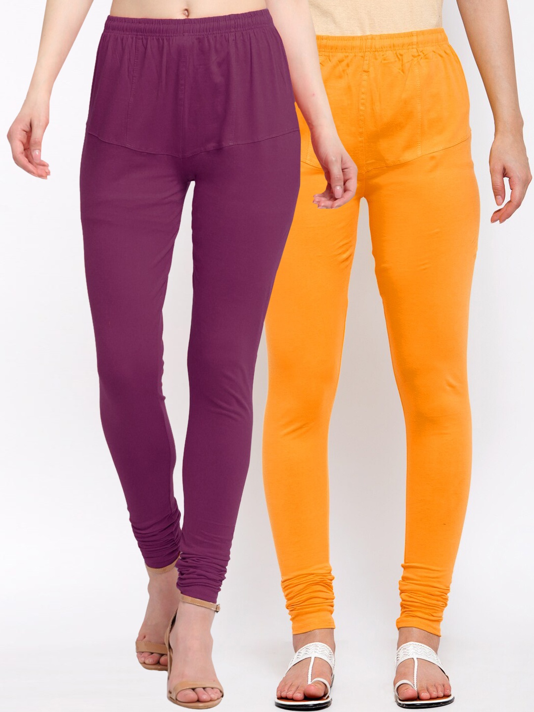 

KLOTTHE Women Pack Of 2 Solid Cotton Churidar-Length Leggings, Orange