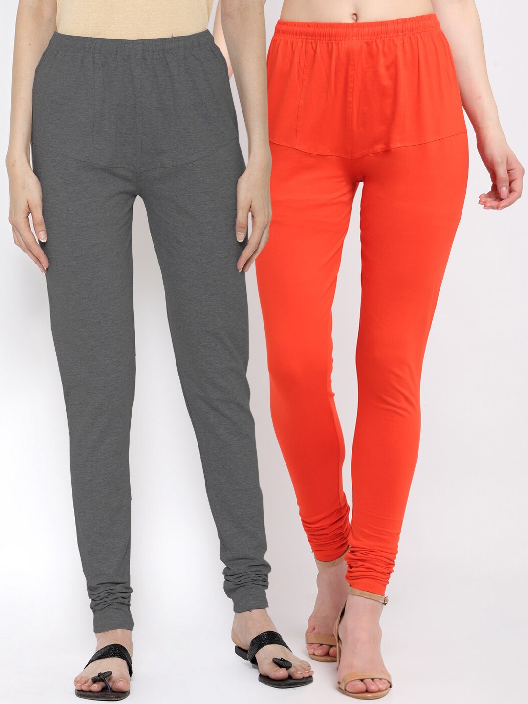 

KLOTTHE Women Pack Of 2 Grey & Orange Solid Churidar-Length Cotton Leggings