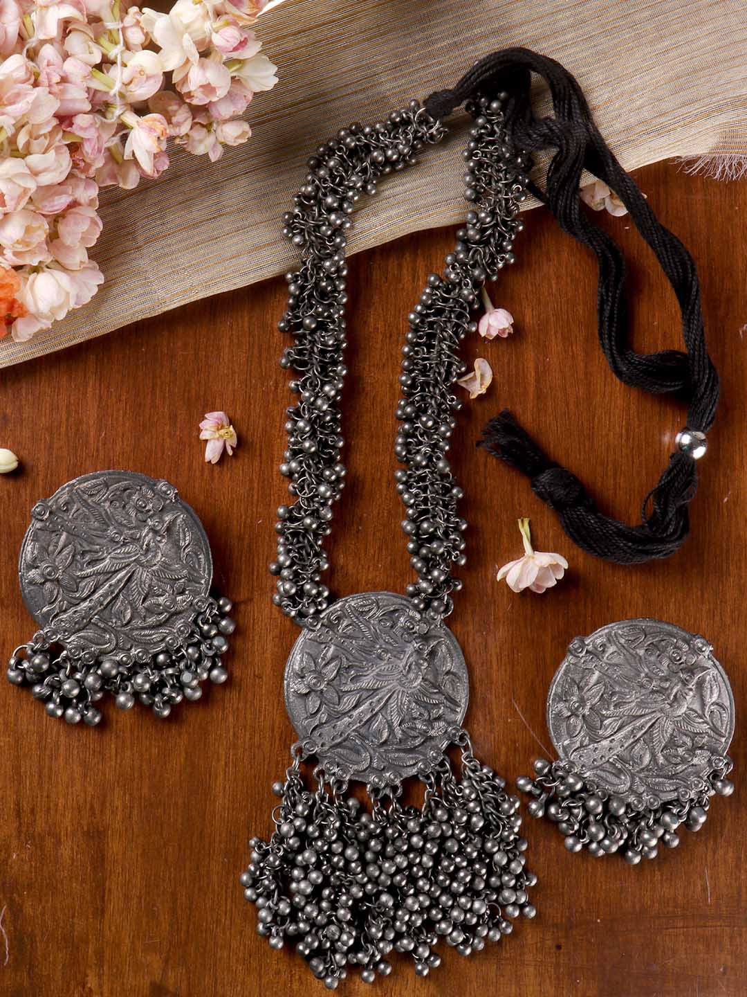 

TEEJH Oxidised Silver-Plated Ghungroo Studded Jewellery Set