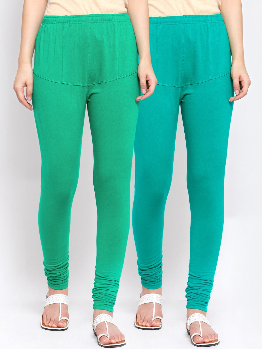 

KLOTTHE Women Pack Of 2 Solid Churidar-Length Cotton Leggings, Sea green