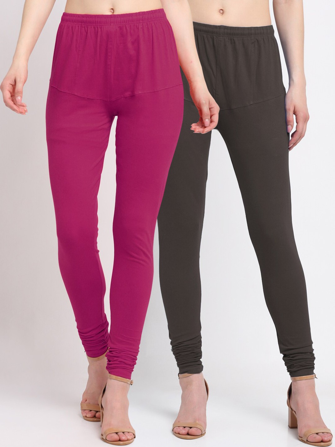 

KLOTTHE Women Pack of 2 Solid Cotton Churidar-Length Leggings, Brown
