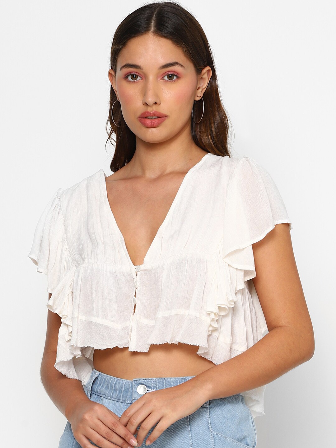 

FOREVER 21 White Flutter Sleeve High-low Crop Top