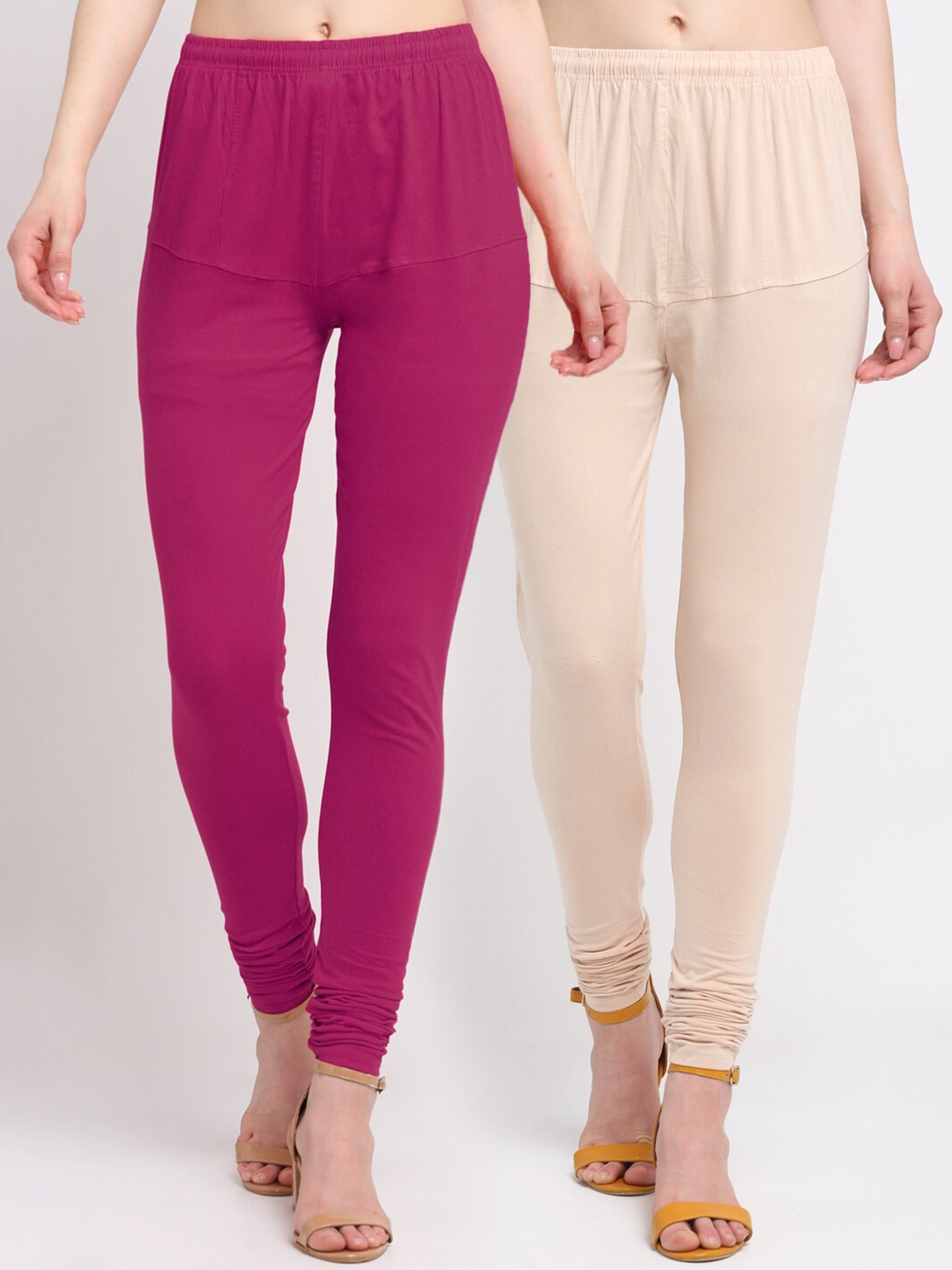 

KLOTTHE Women Pack of 2 Magenta & Beige Solid Cotton Churidar-Length Leggings