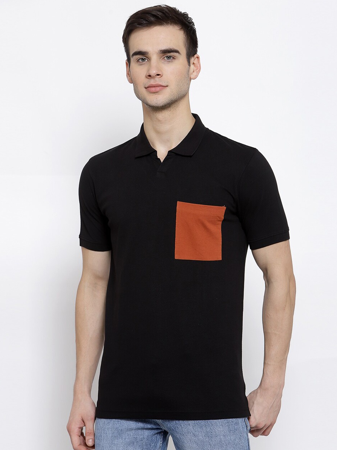 

ManQ CASUAL Men Black Polo Collar Slim Fit Pure Cotton T-shirt