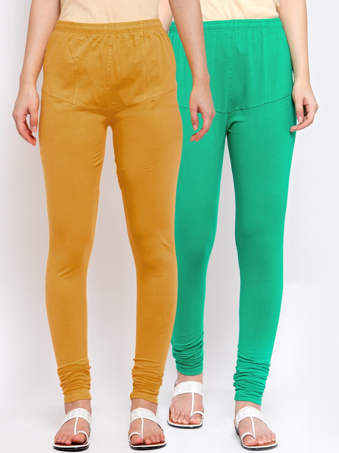 

KLOTTHE Women Pack Of 2 Solid Churidar-Length Cotton Leggings, Mustard