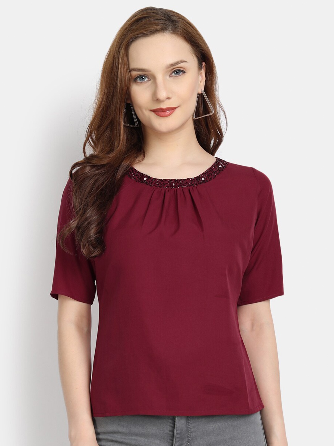 

LY2 Rust Embellished Crepe Regular Top