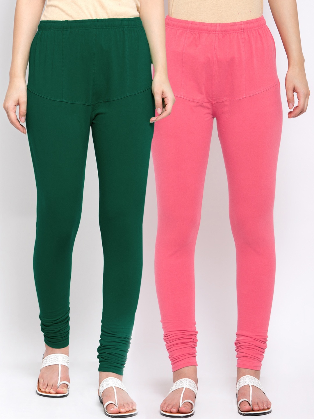 

KLOTTHE Women Pack Of 2 Solid Churidar-Length Cotton Leggings, Green