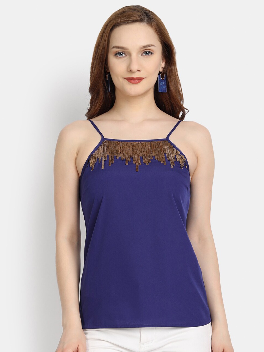 

LY2 Women Blue Embellished Crepe Regular Top