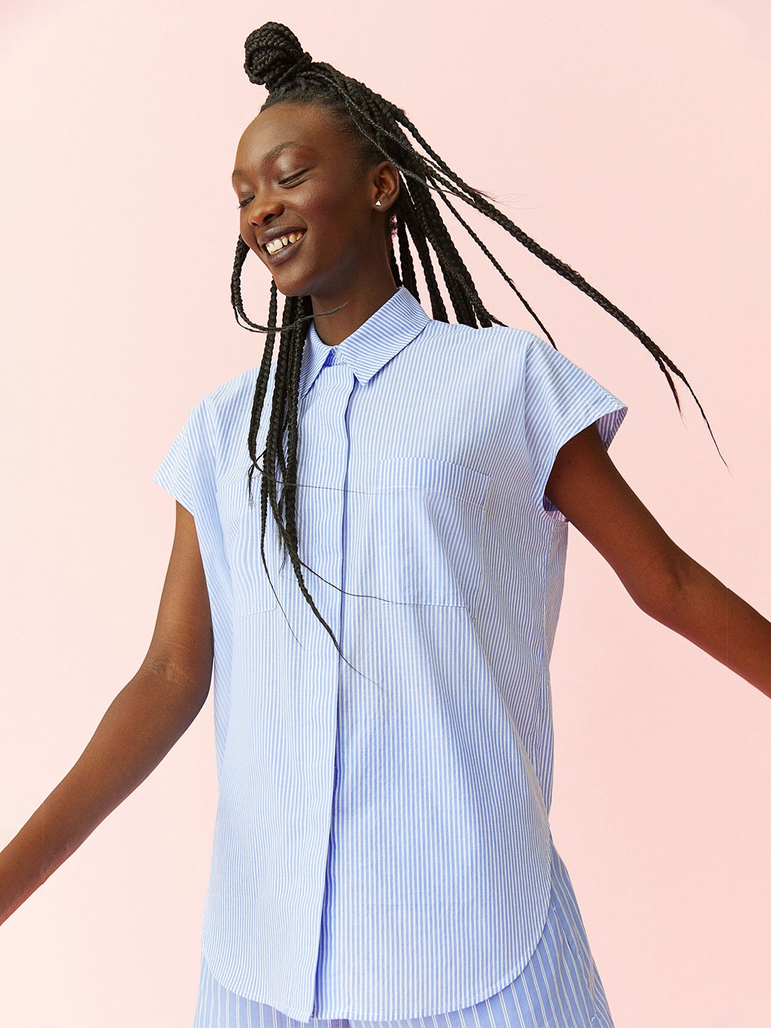 

H&M Women Blue Striped Sleeveless Cotton Blouse