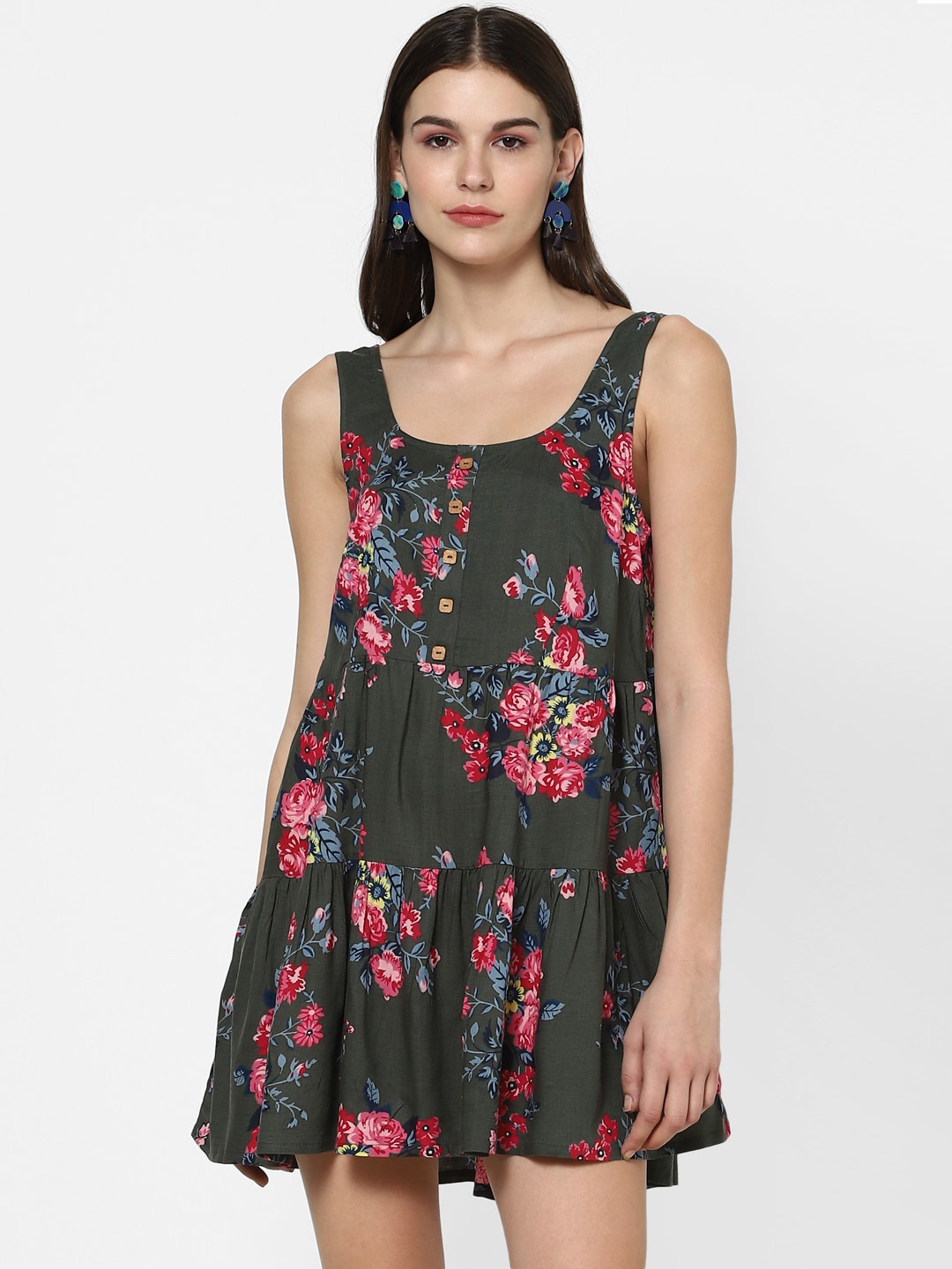 

FOREVER 21 Olive Green Floral Printed A-Line Mini Dress