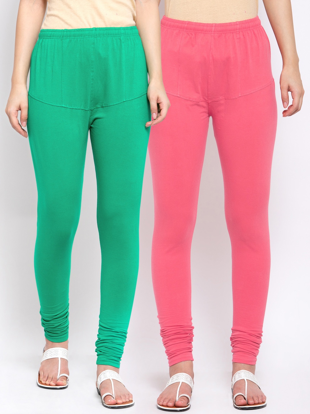 

KLOTTHE Women Pack Of 2 Solid Churidar-Length Cotton Leggings, Sea green