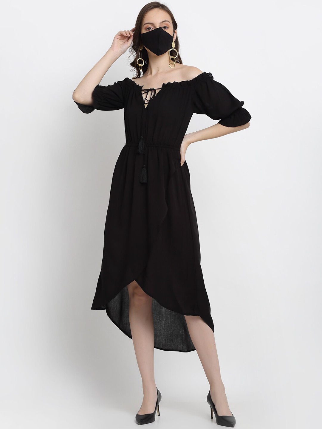 

DIVA WALK EXCLUSIVE Women Solid Black Off-Shoulder Crepe A-Line Midi Dress