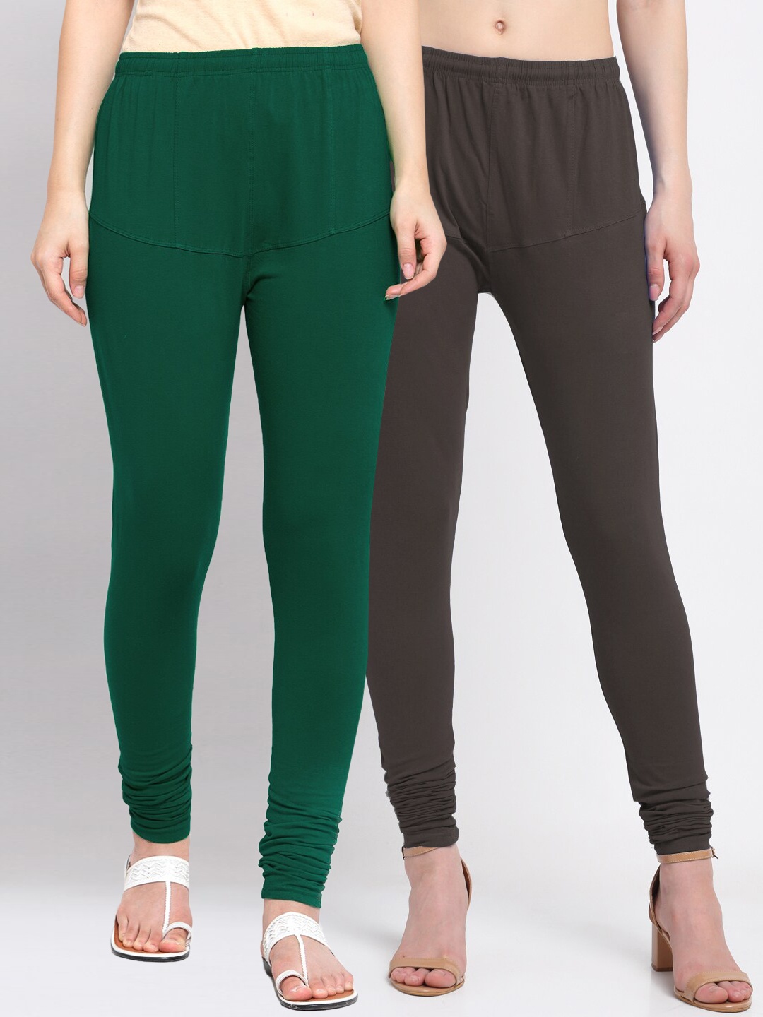 

KLOTTHE Women Pack of 2 Solid Cotton Churidar-Length Leggings, Brown