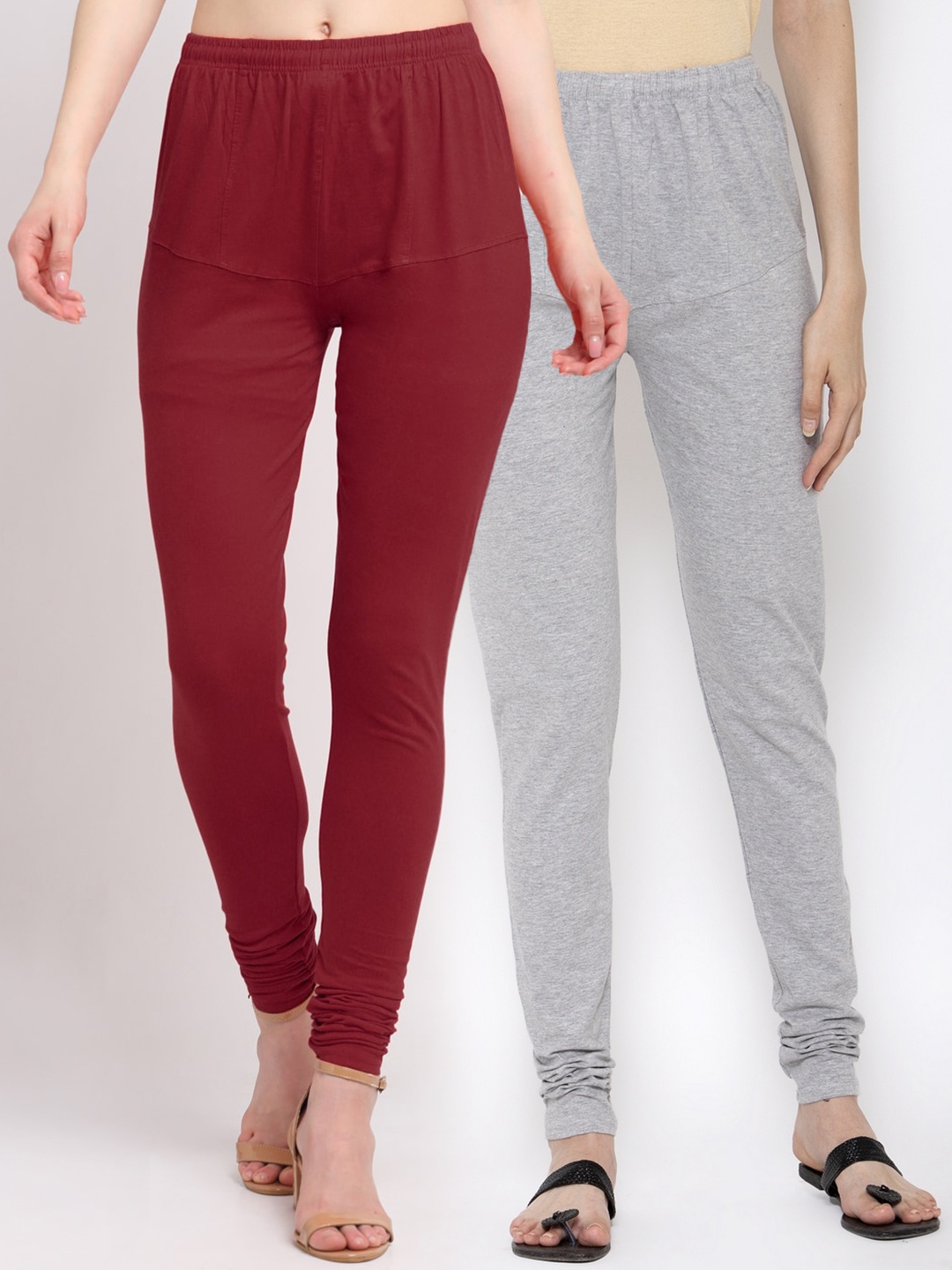 

KLOTTHE Women Pack Of 2 Solid Maroon & Grey Churidar-Length Cotton Leggings