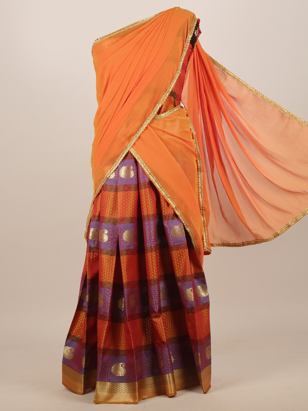 

Pothys Orange & Purple Striped Saree