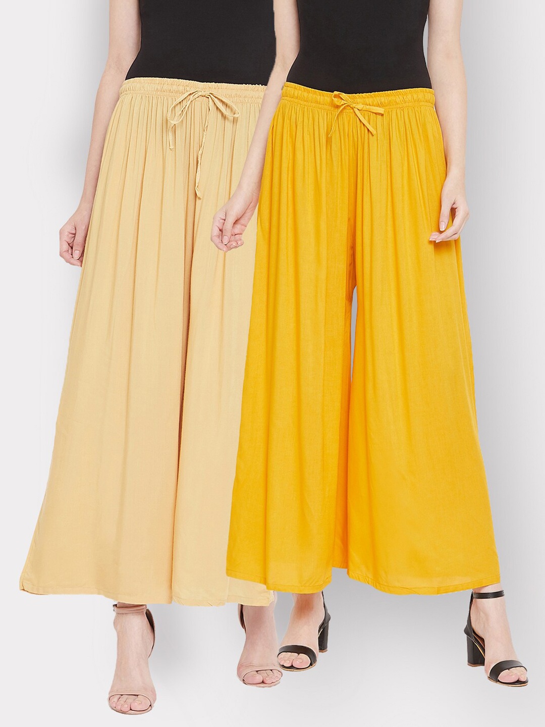 

Castle Women Pack of 2 Solid Beige & Yellow Solid Flared Palazzos