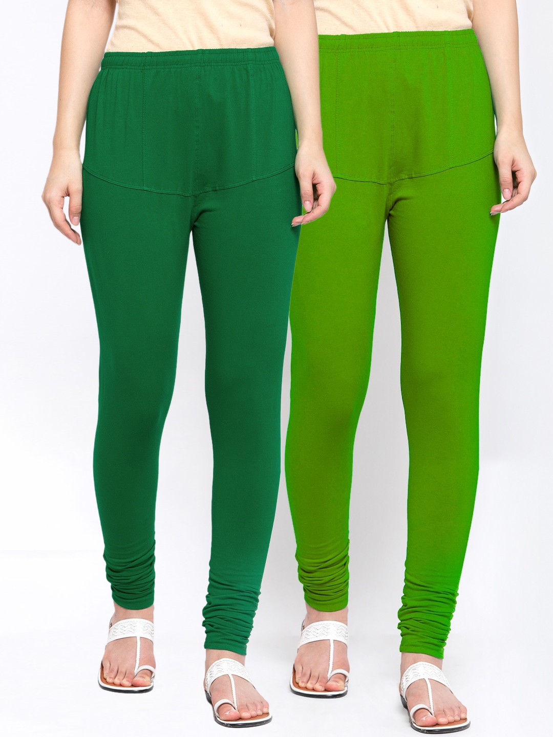 

KLOTTHE Women Pack Of 2 Green Solid Churidar-Length Cotton Leggings