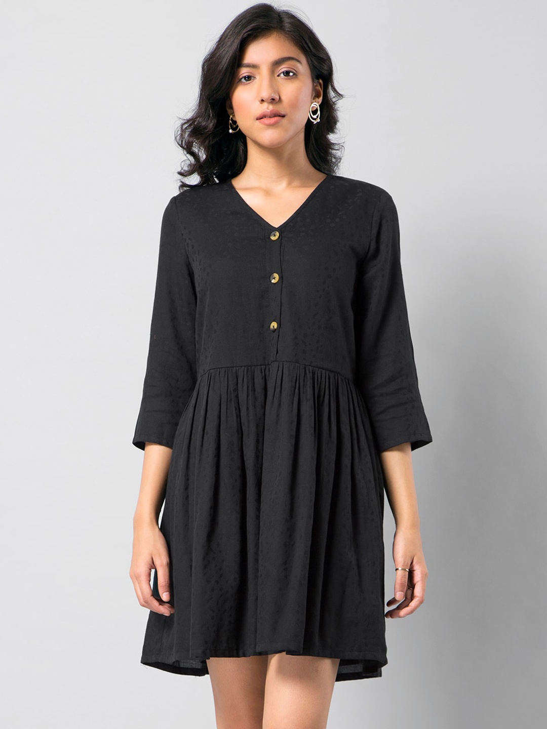 

FabAlley Women Black Buttoned Gathered Waist Dress