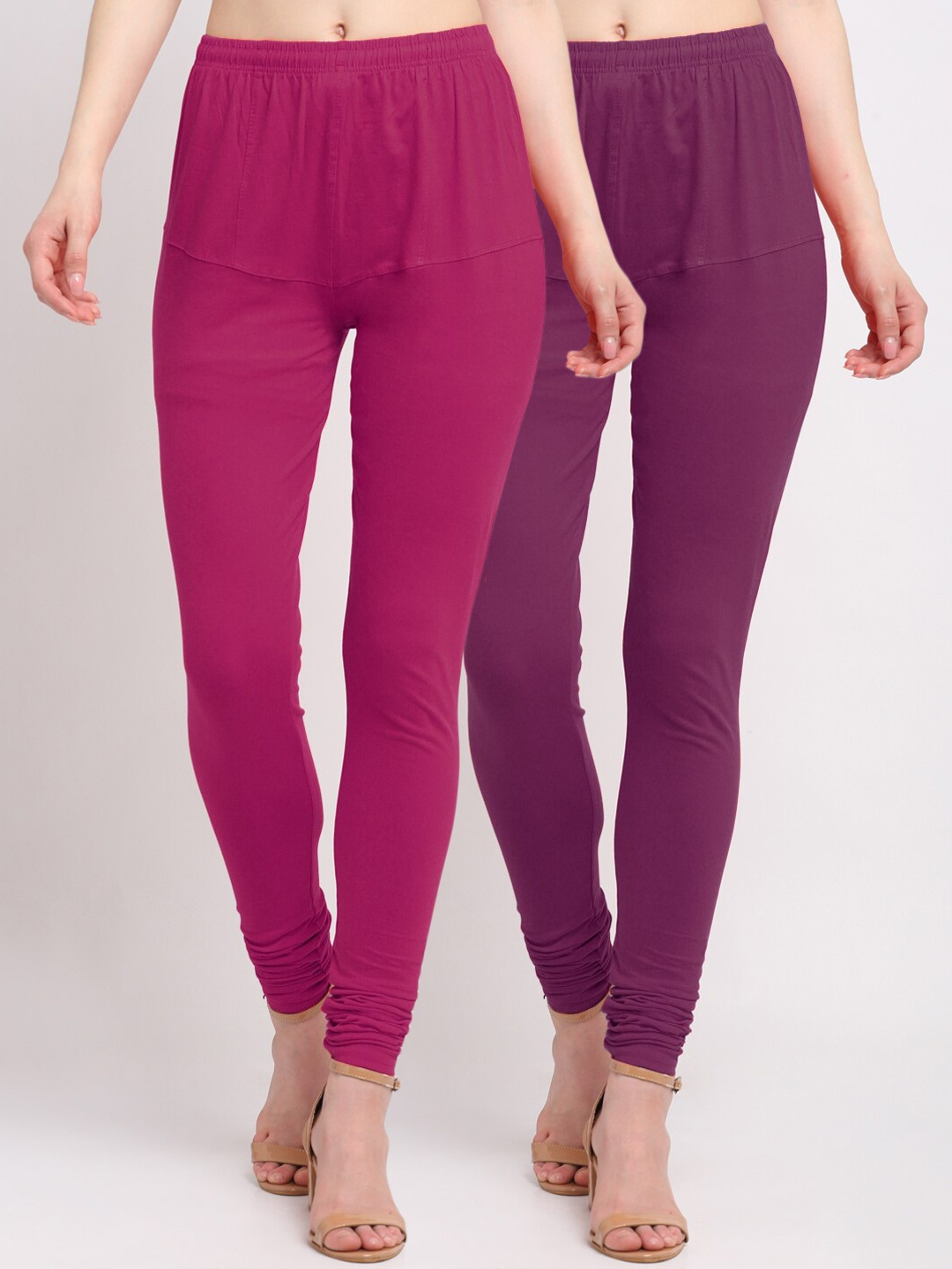 

KLOTTHE Women Pack Of 2 Magenta & Purple Solid Cotton Churidar-Length Leggings