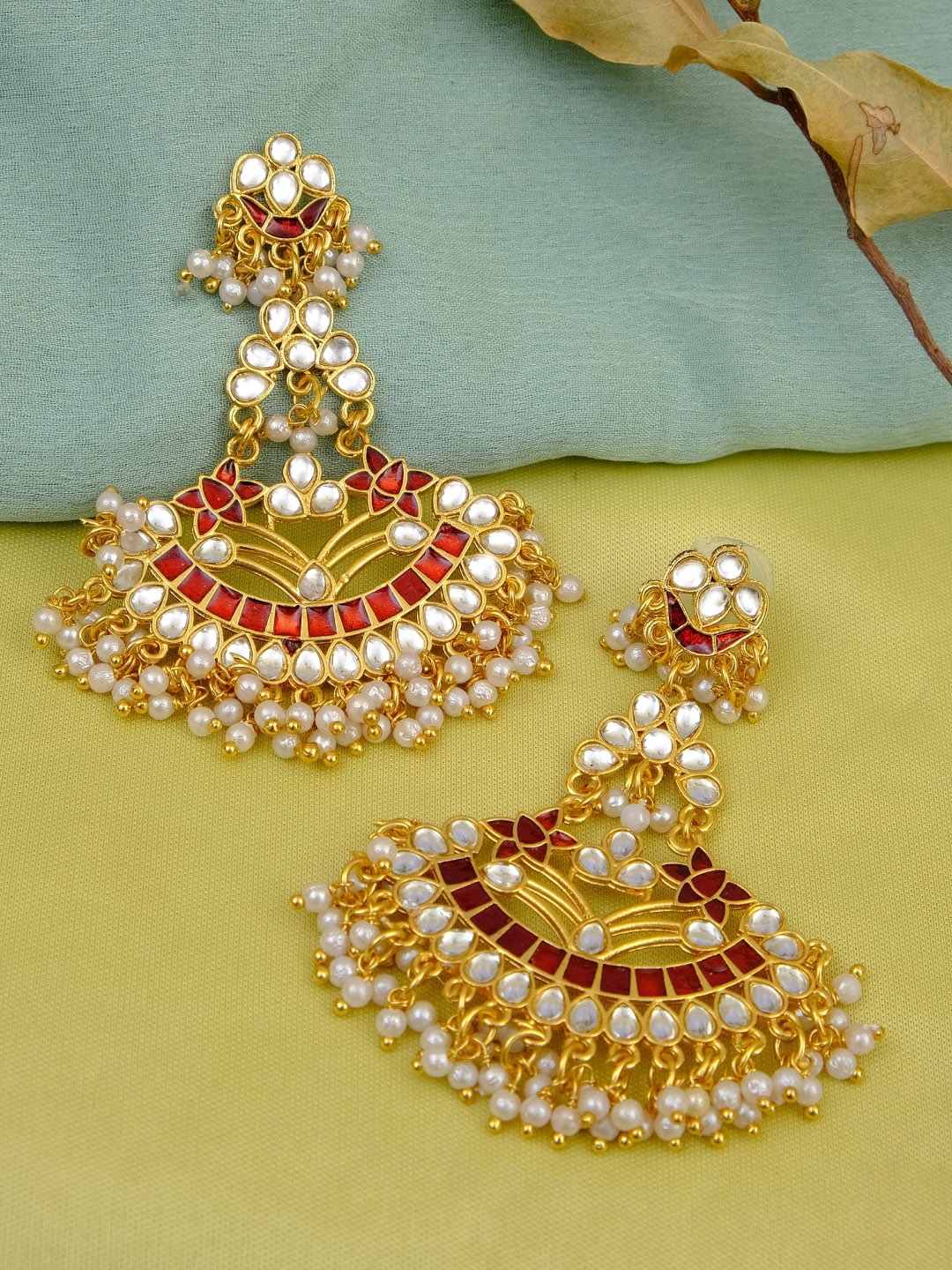 

Crunchy Fashion Gold-Plated & Kundan & Beads Studded Contemporary Drop Earrings