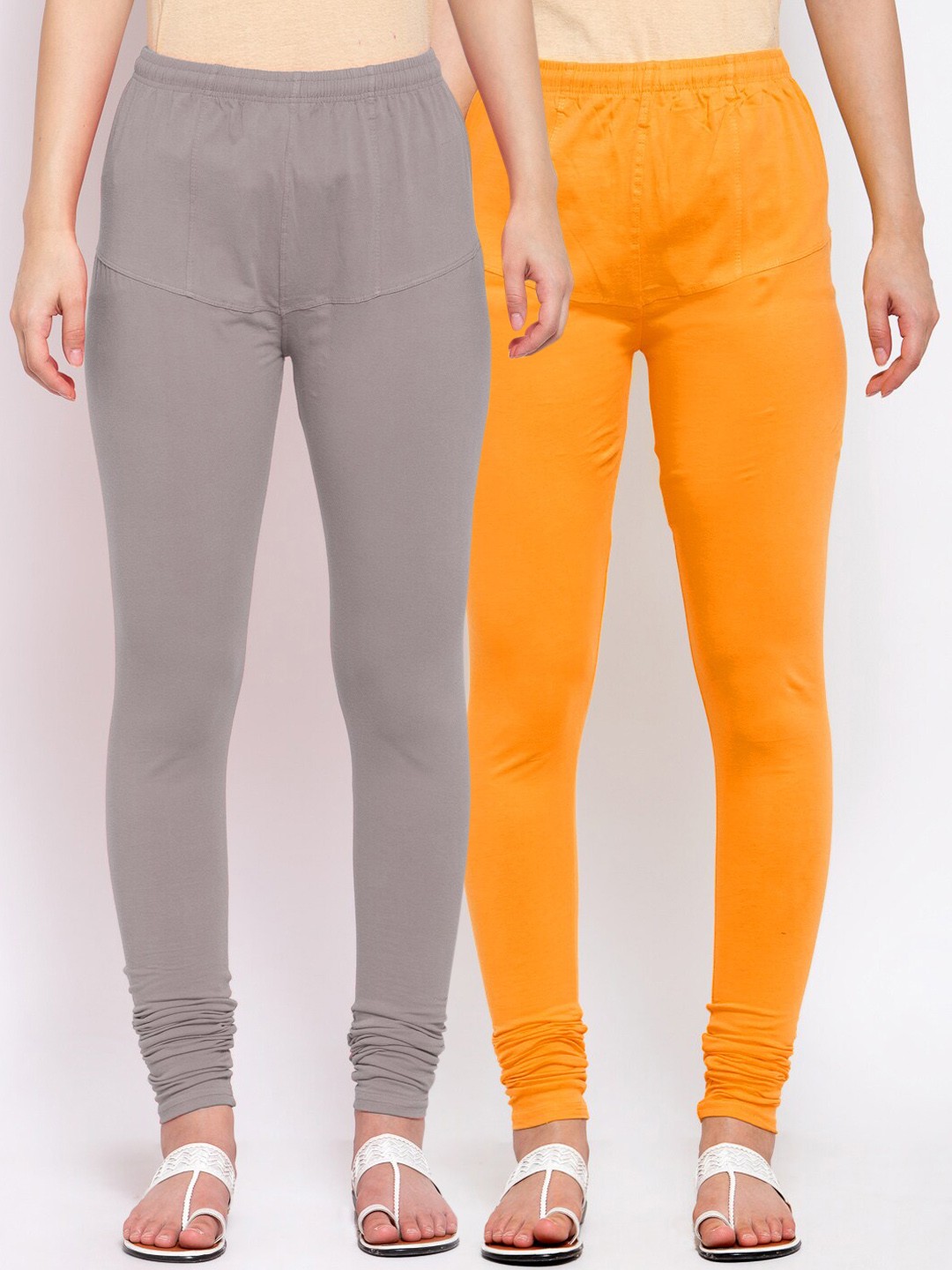 

KLOTTHE Women Pack Of 2 Orange & Grey Solid Cotton Churidar-Length Leggings