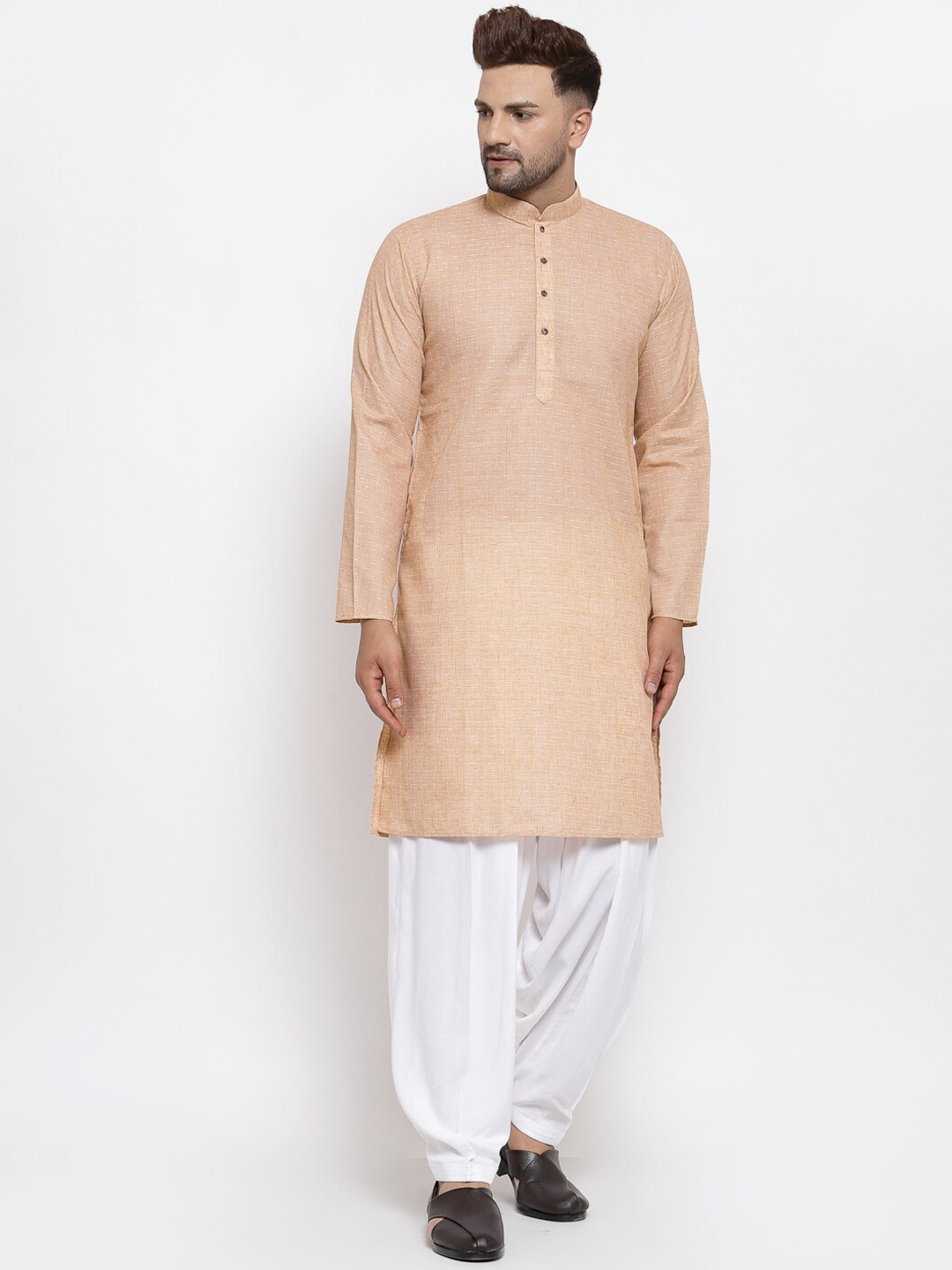 

MAXENCE Men Dusty Orange & White Woven Design Linen Kurta with Salwar