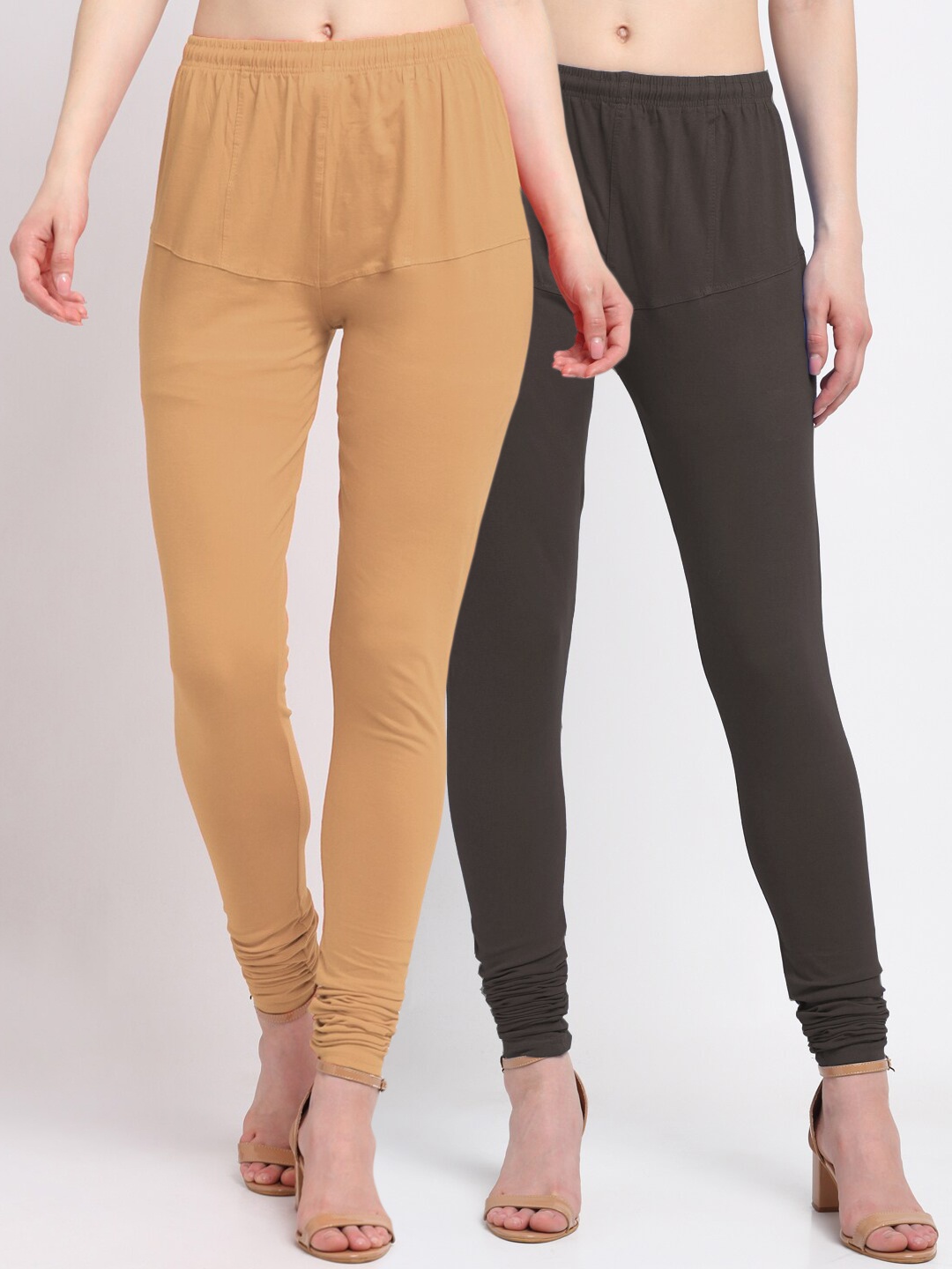 

KLOTTHE Women Pack of 2 Solid Cotton Churidar-Length Leggings, Brown