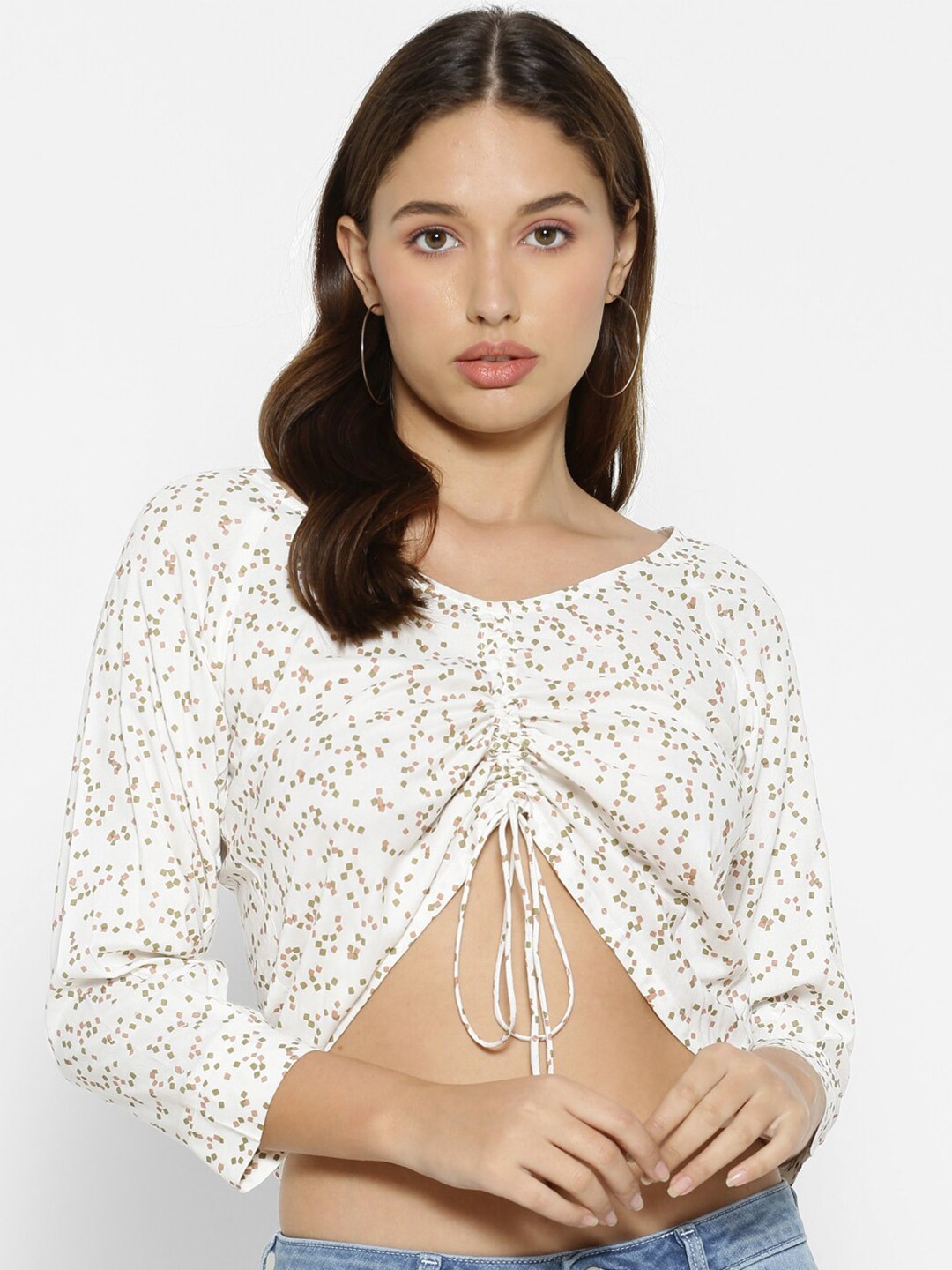 

FOREVER 21 Women White & Multicoloured Floral Smocking Crop Top