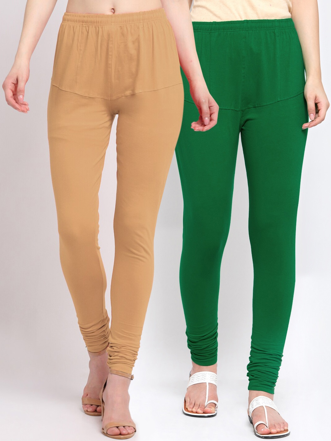 

KLOTTHE Women Pack Of 2 Green & Beige Solid Cotton Churidar-Length Leggings