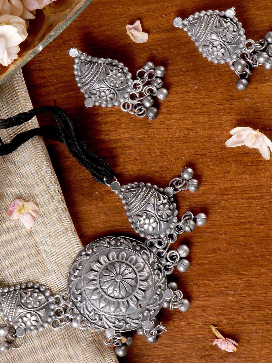 TEEJH Oxidised Silver-Plated Floral Jewellery Set