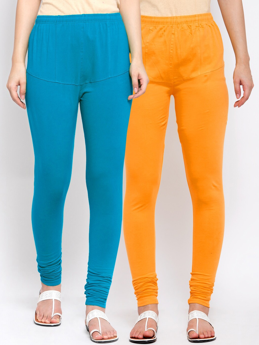 

KLOTTHE Women Pack Of 2 Blue & Orange Solid Cotton Churidar-Length Leggings