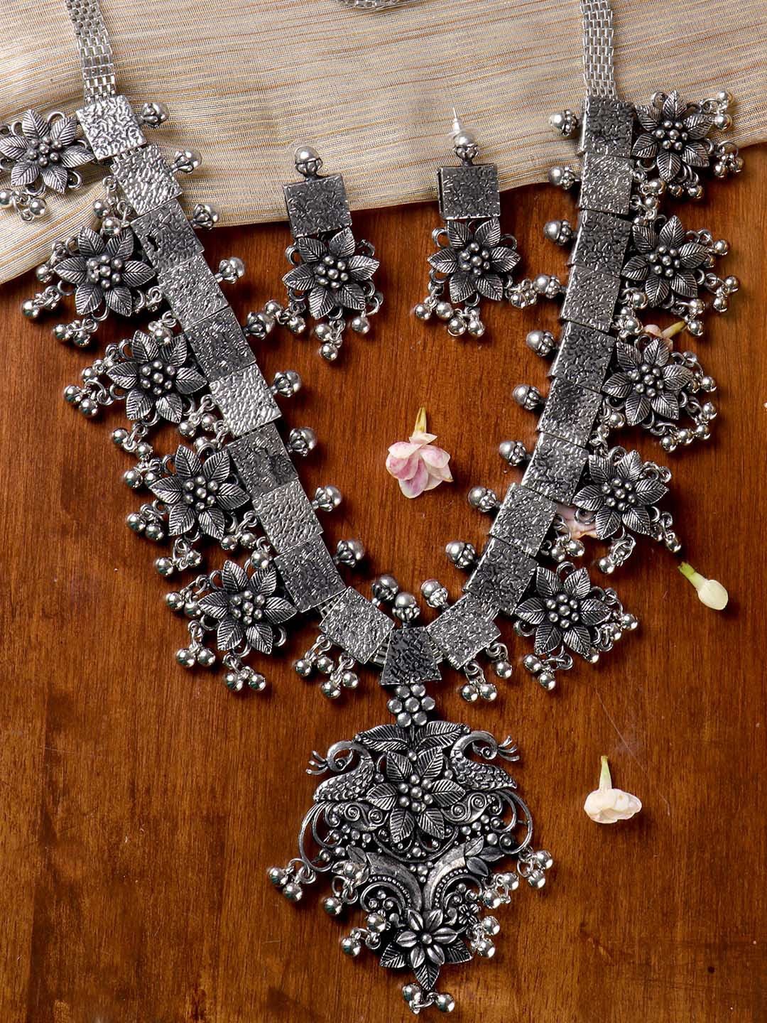 

TEEJH Oxidised Silver-Plated Artificial Stone-Studded Khushi Jewellery Set