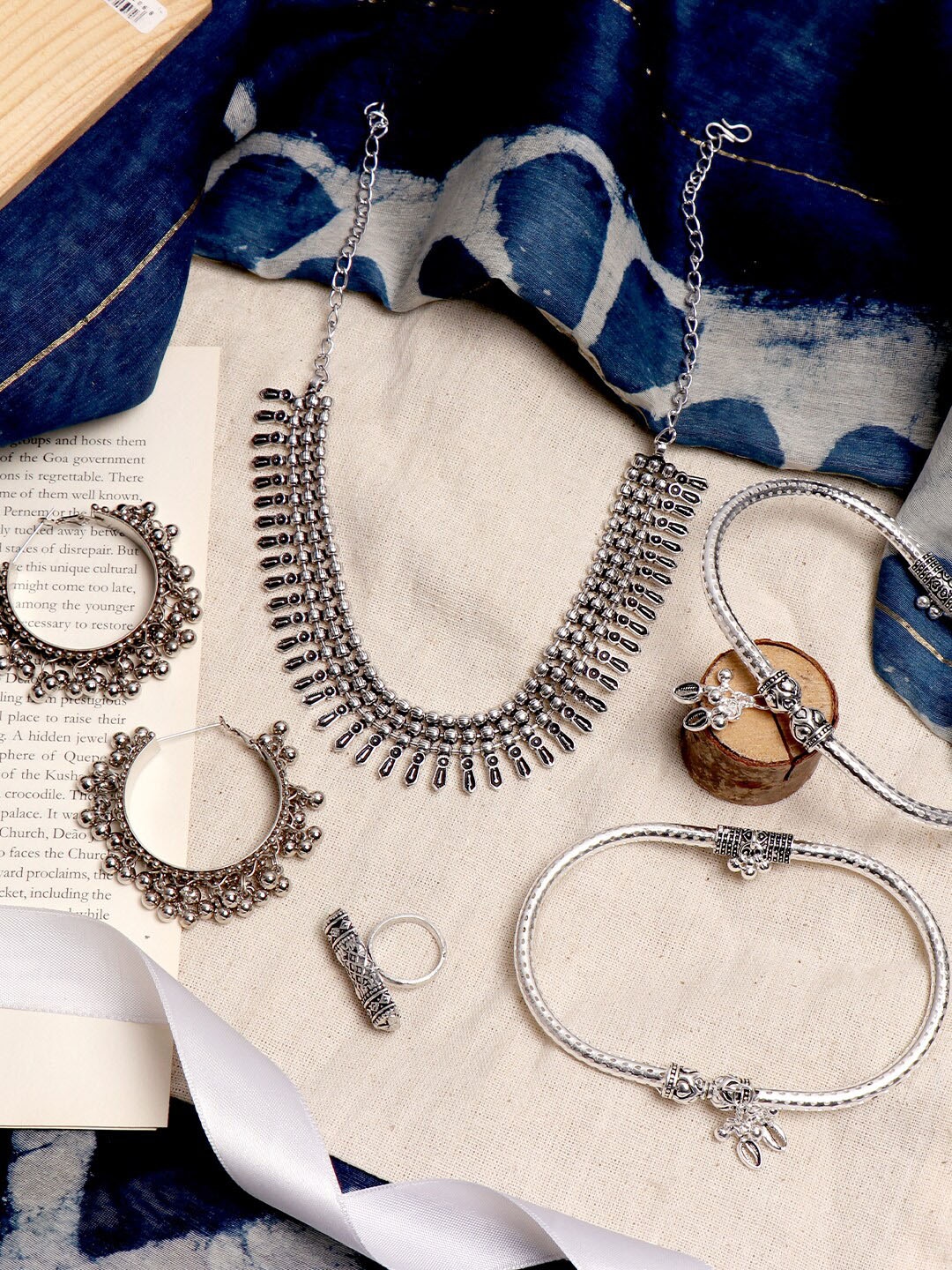 

TEEJH Oxidised Silver-Toned Ghungroo Studded Jewellery Set