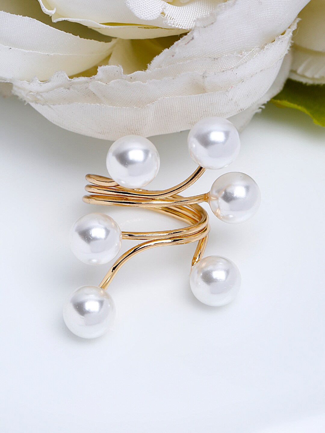 

Shining Diva Fashion Rose Gold-Plated White Pearl-Beaded Adjustable Finger Ring