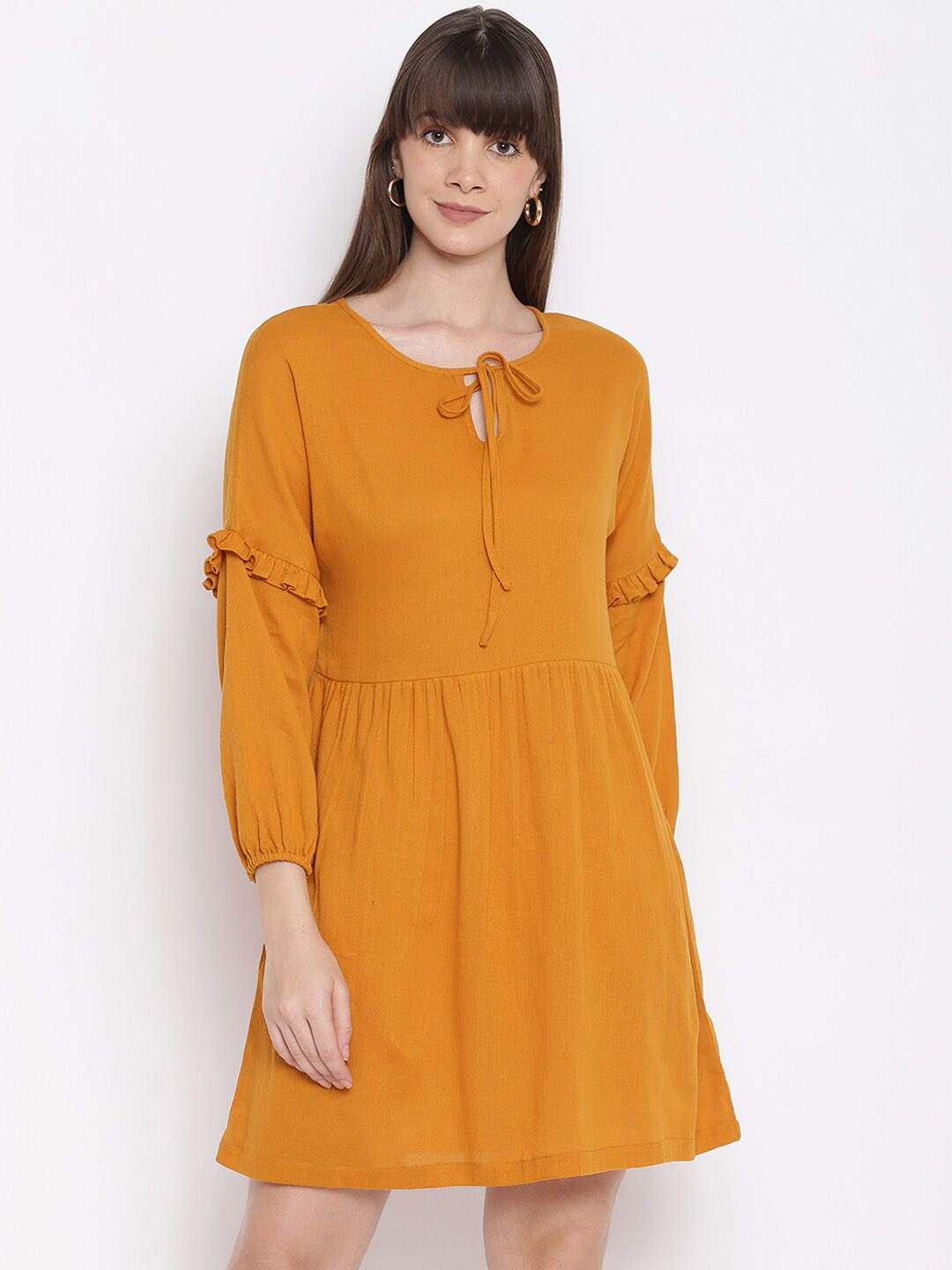 

sandy AND ritz Women Mustard Yellow Puff Sleeves A-Line Sustainable Dress